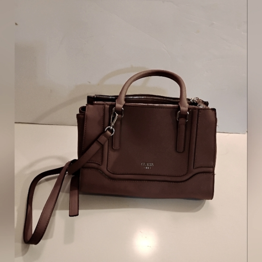 Guess 1981 Brown Satchel with Top Handle and Metal Accents Key Chain